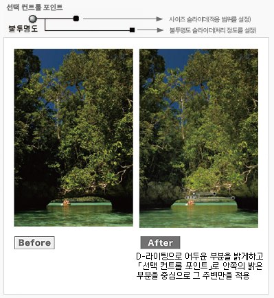 「선택 컨트롤 포인트」를 적용하면 D-라이팅으로 어두운 부분을 밝게하고 「선택 컨트롤 포인트」로 안쪽은 밝은 부분을 중심으로 그 주변만을 적용한다