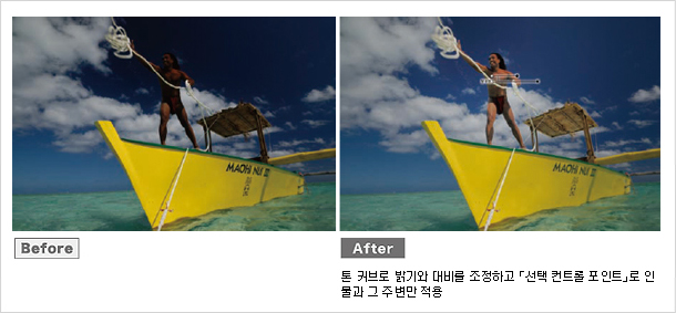 톤 커브로 밝기와 대비를 조정하고 「선택 컨트롤 포인트」로 인물과 그 주변만 적용한다