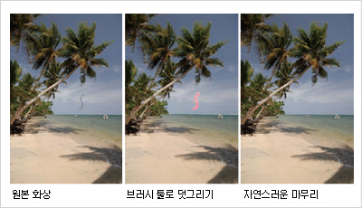왼쪽에서부터 원본화상, 블러시 툴로 덧그리기, 자연스러운 마무리